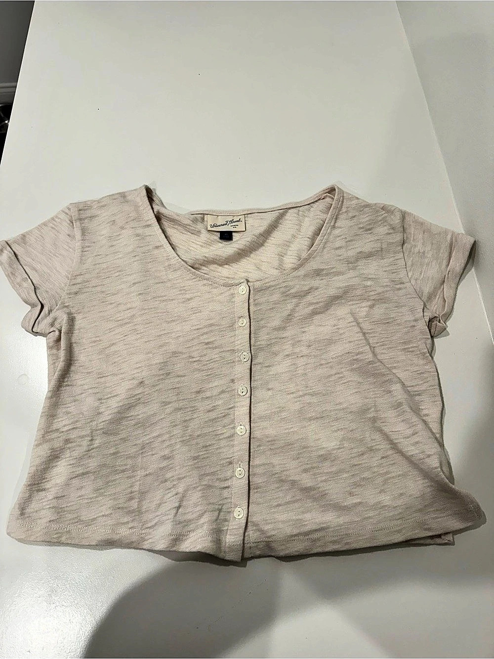 Universal Thread Women's Short Sleeve Button-Front Scoop Neck T-Shirt Beige